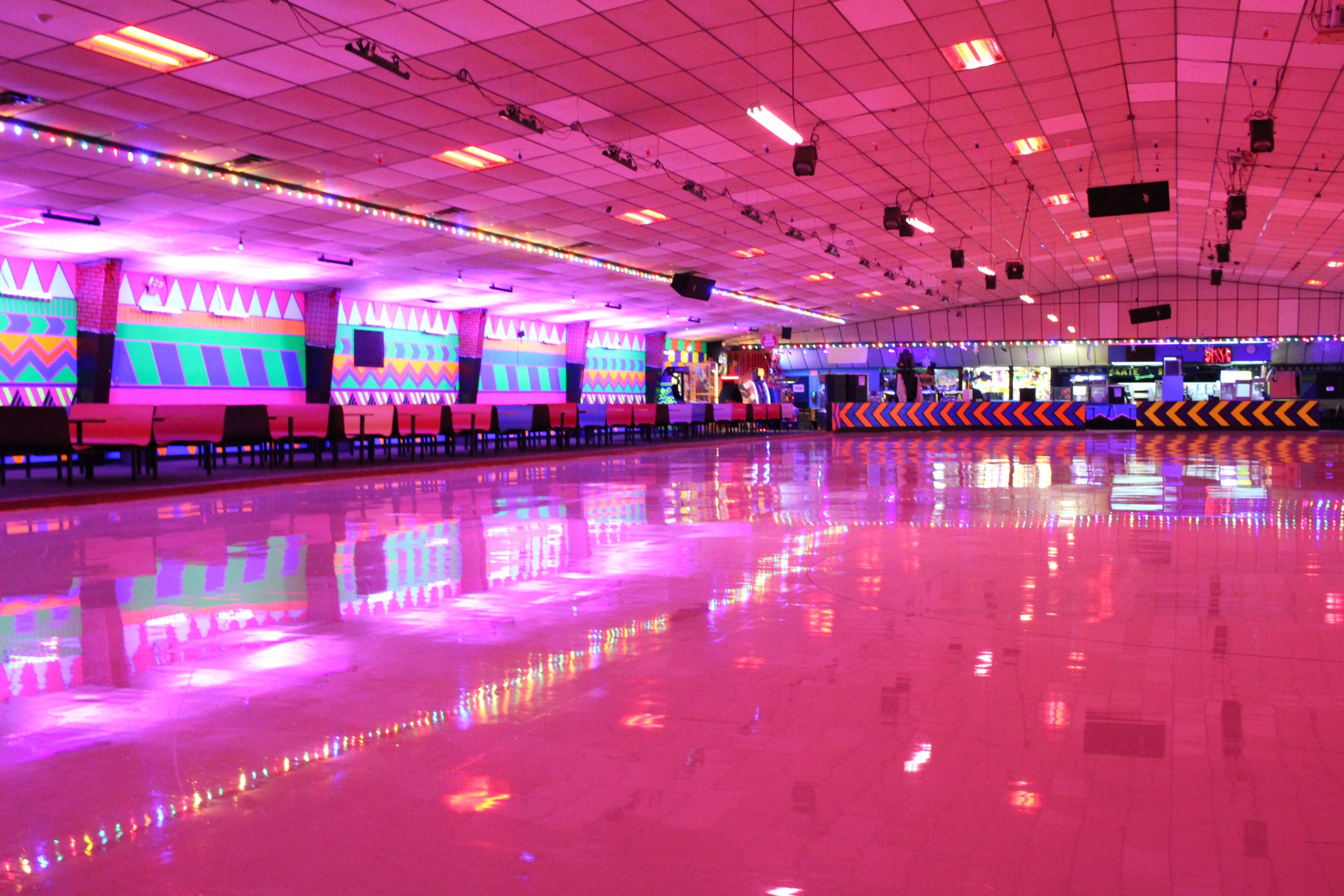 View of the spacious roller skating floor, a favorite spot for summer camp field trips at Roller Kingdom.