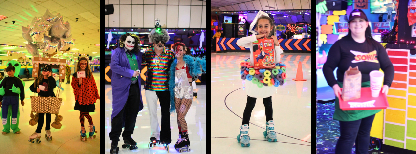 Adults and kids in costume during Roller Kingdom's Halloween Costume Party