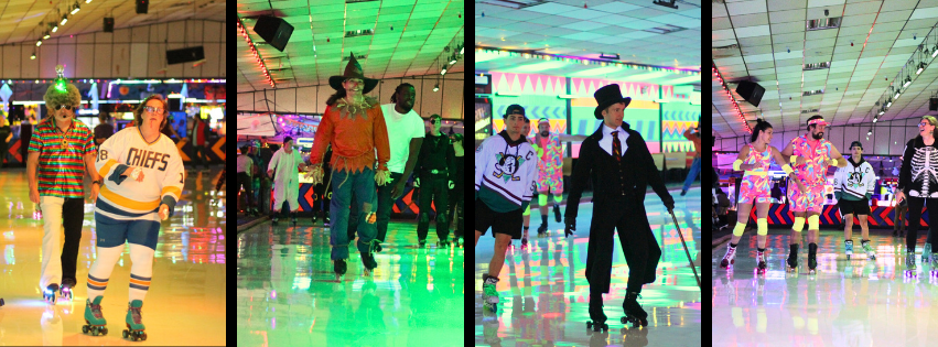 Adults roller skating in costume during our Halloween Costume Party