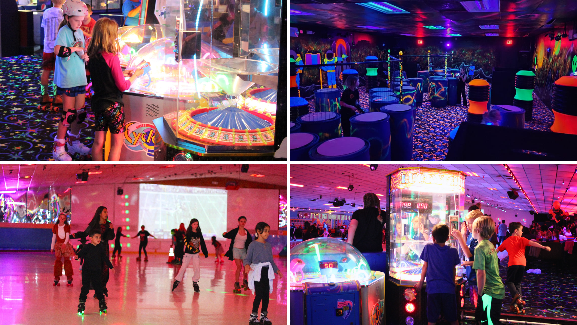 Kids roller skating, playing arcade and laser tag