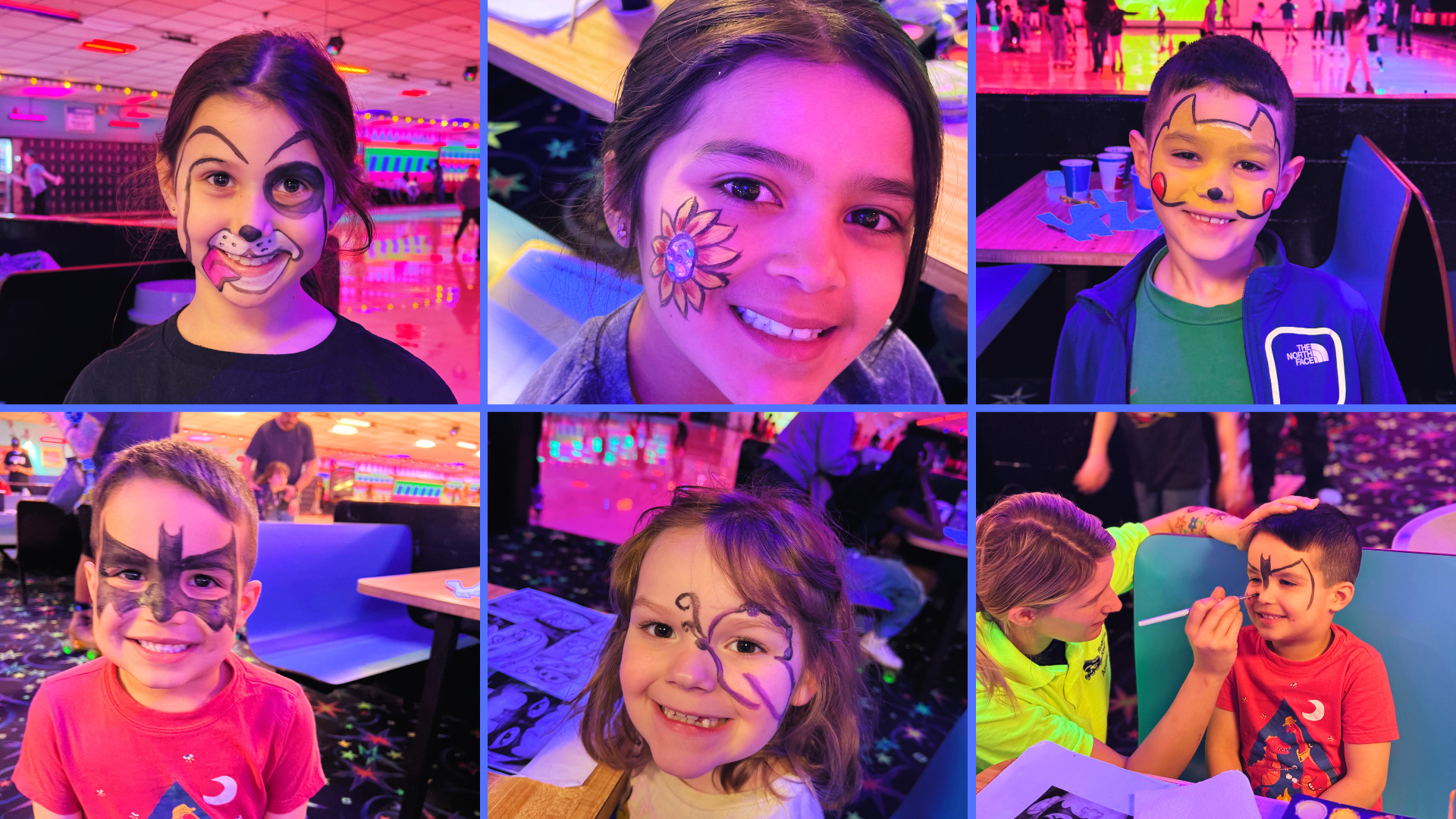 kids with face painting during February events at Roller Kingdom