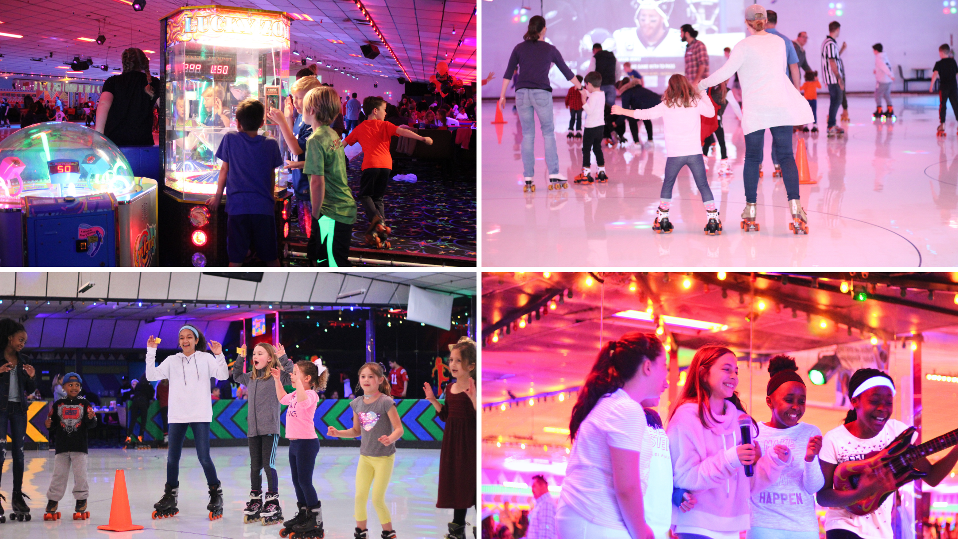 kids playing arcade games, singing karaoke doing the chicken dance and families roller skating during February events at Roller Kingdom